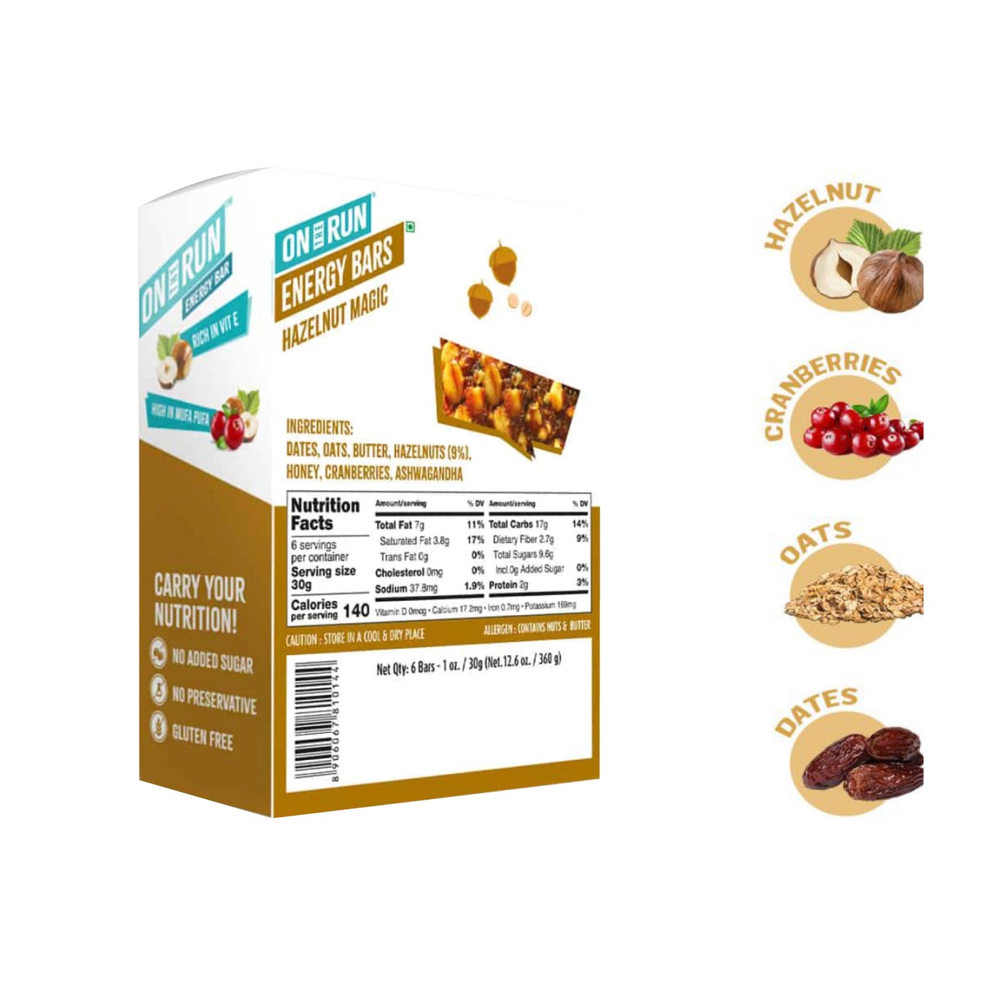 ON THE RUN Hazelnut Magic Energy Bars ( Pack of 6 X 30g)