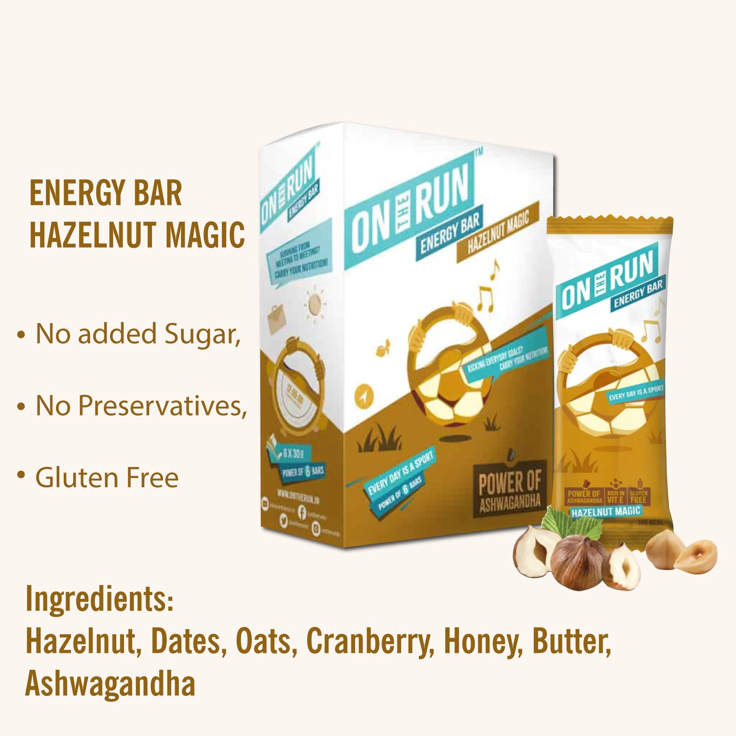 ON THE RUN Hazelnut Magic Energy Bars ( Pack of 6 X 30g)