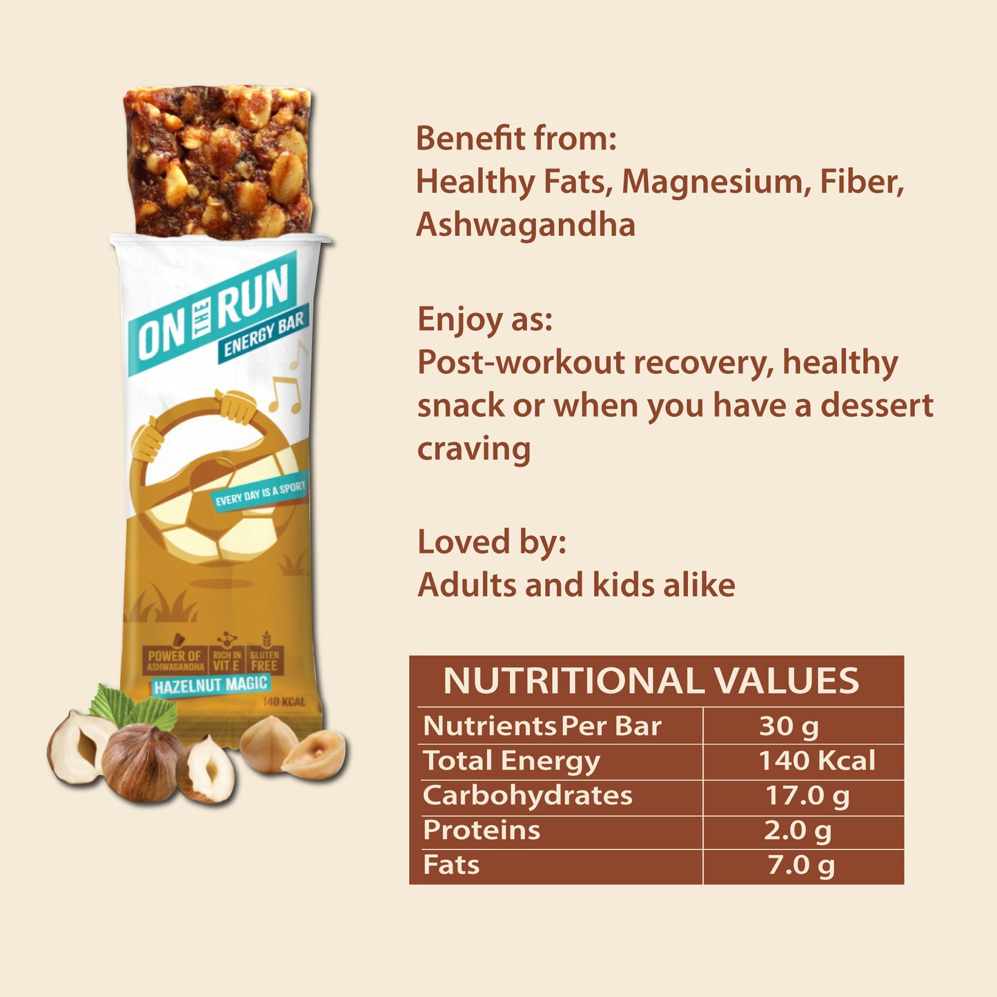 ON THE RUN Hazelnut Magic Energy Bars ( Pack of 6 X 30g)