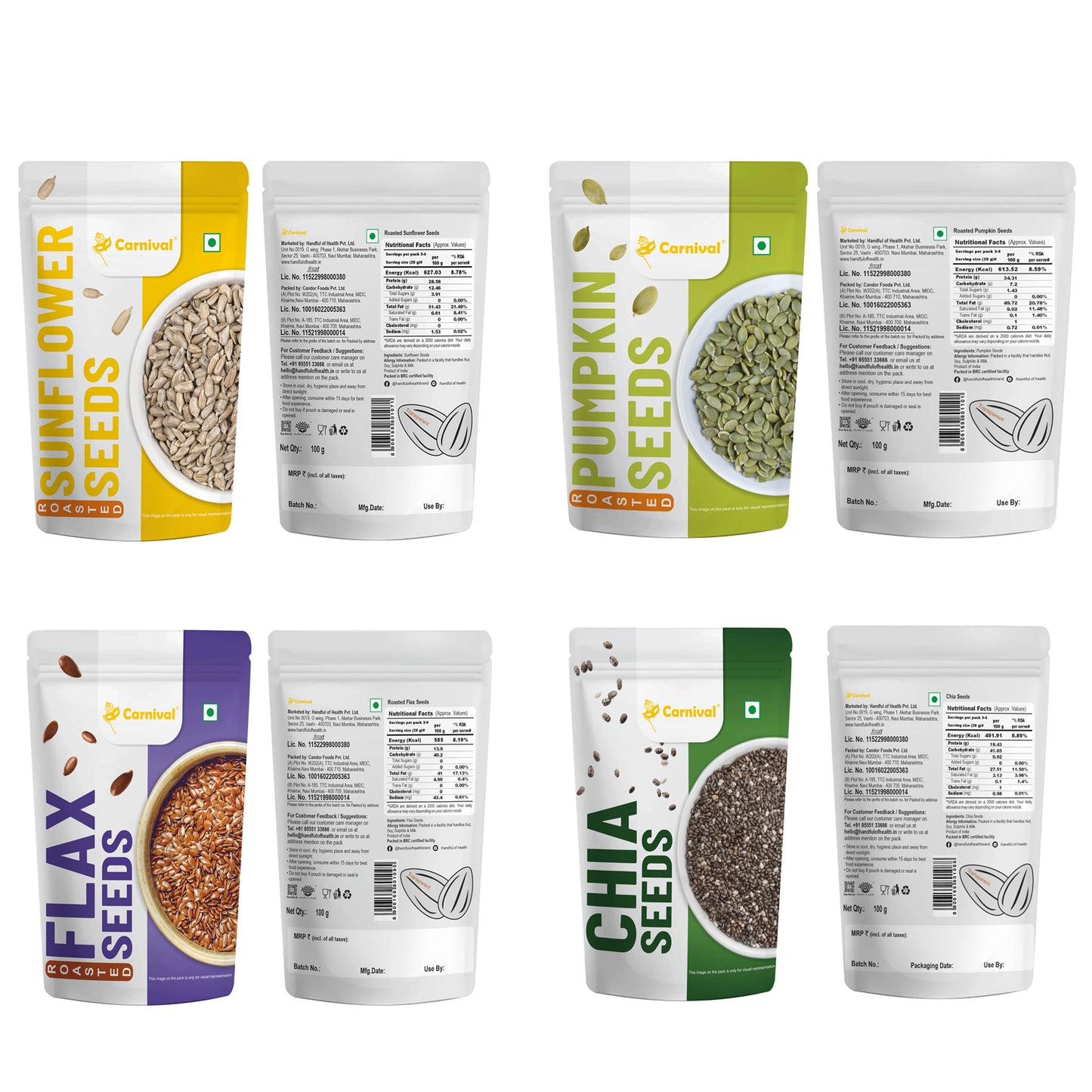 Assorted Seeds Combo Pack of 4 ( 4 * 100g Each) - Chia, Flex, Sunflower, Pumpkin