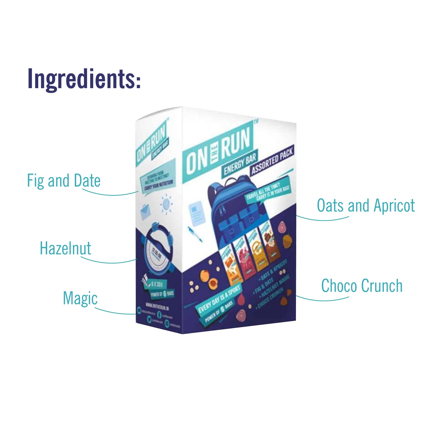 ON THE RUN Assorted Energy Bars ( All Flavors Combo Pack of 6 X 30g)