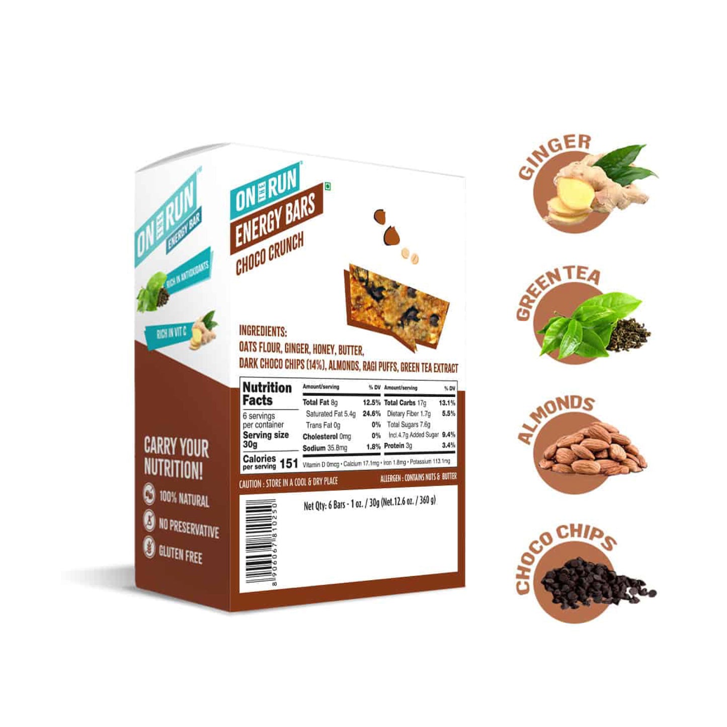 ON THE RUN Choco Crunch Energy Bars ( Pack of 6 X 30g)