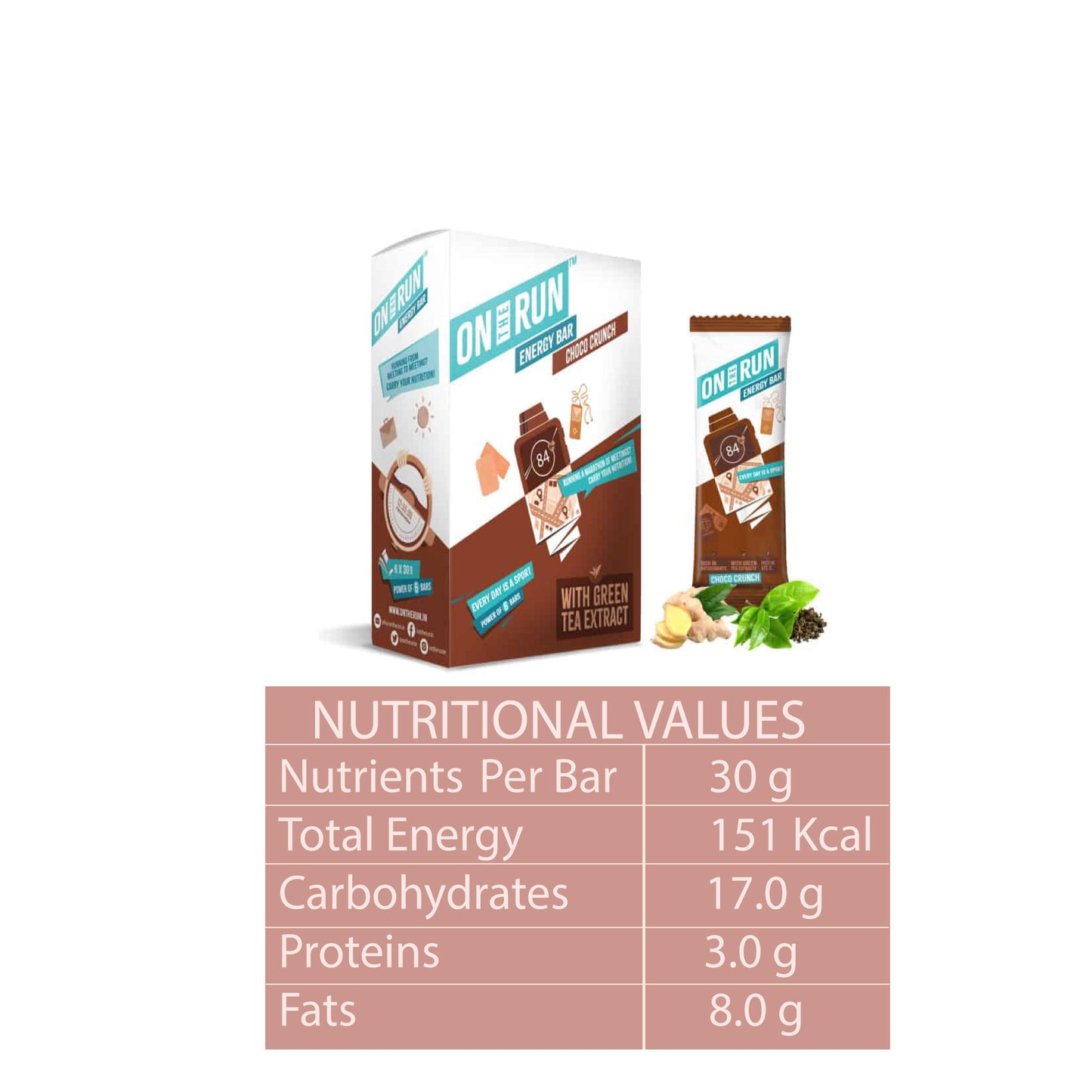 ON THE RUN Choco Crunch Energy Bars ( Pack of 6 X 30g)