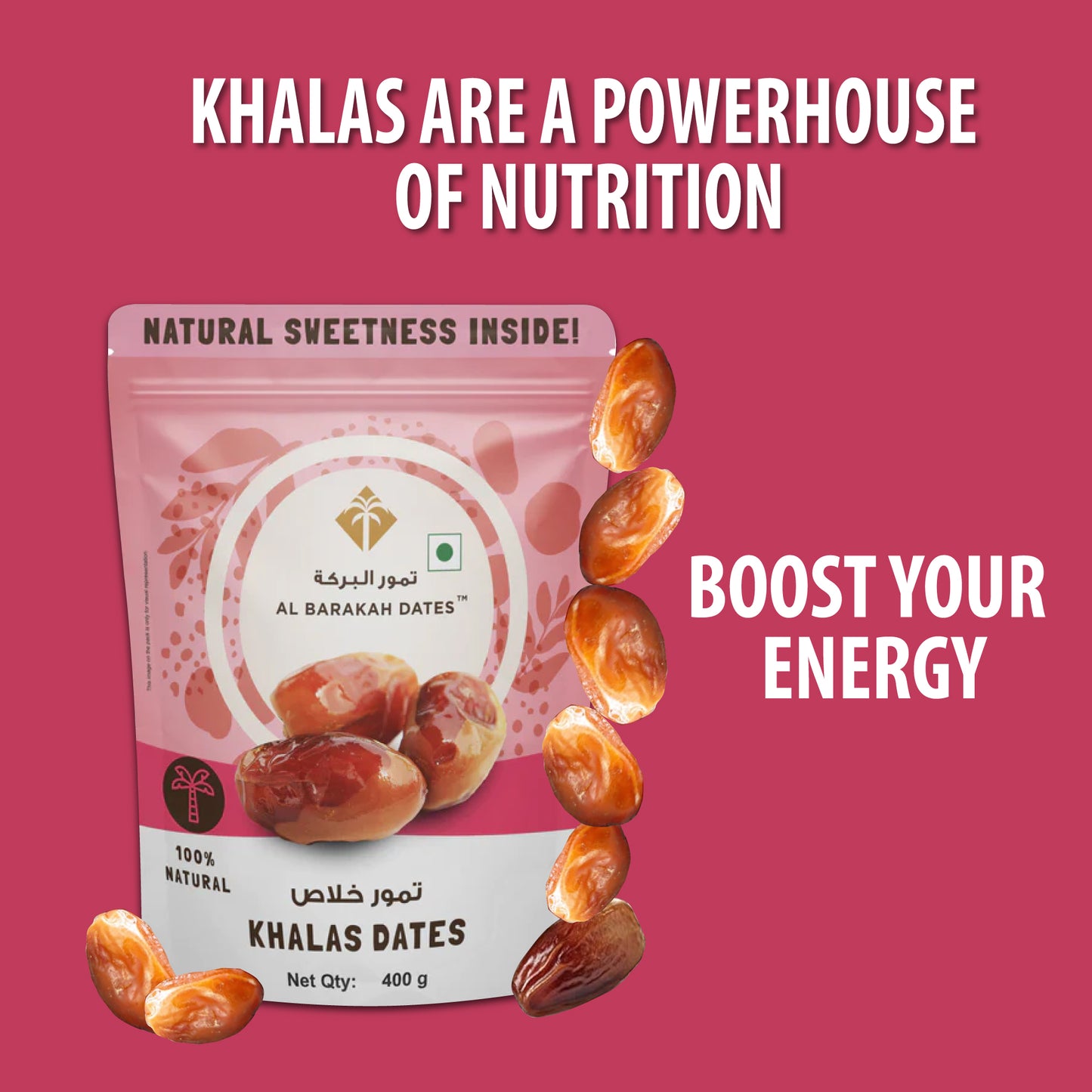 Al Barakah Khalas Dates 400g | Delicious and Nutritious Khajur/Khajoor Dryfruit | 100% Natural | No Added preservatives |  Vegan | No added Sugar