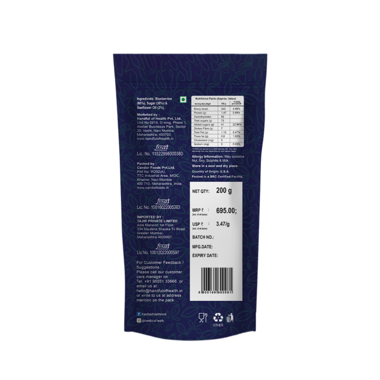 Carnival Premium Dried Blueberries 200g | Rich in Calcium and Vitamin K | Vegan, Non-GMO & No Preservatives | Ideal For Snacking