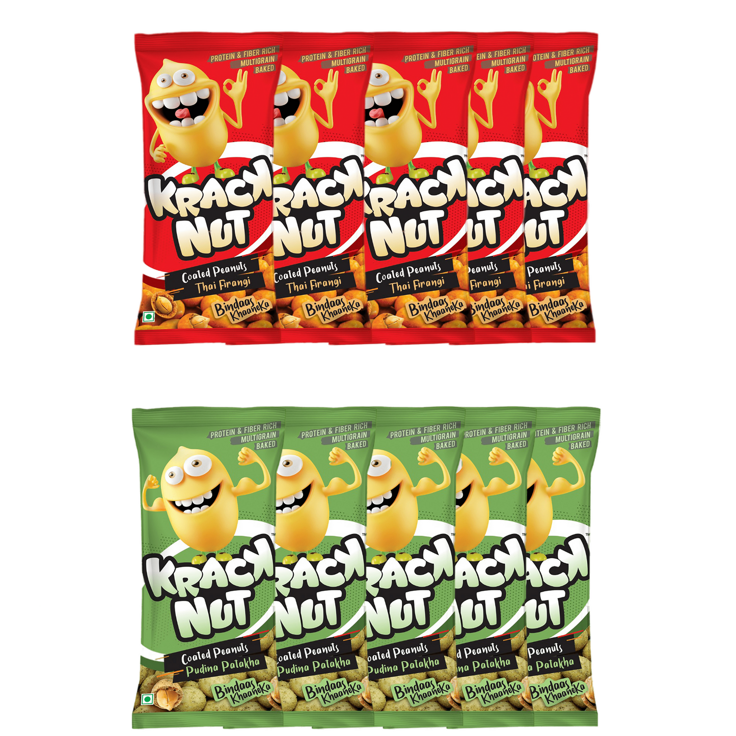 Kracknut Baked Coated Peanuts - Assorted Pack of 10 (25g x 10N) - Thai Firangi | Pudhina Pathaka Flavored crunchy coated peanuts | Healthy baked Indian Snack | Vegan |