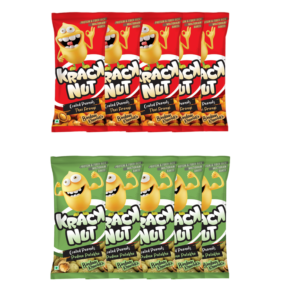 Kracknut Baked Coated Peanuts - Assorted Pack of 10 (25g x 10N) - Thai Firangi | Pudhina Pathaka Flavored crunchy coated peanuts | Healthy baked Indian Snack | Vegan |
