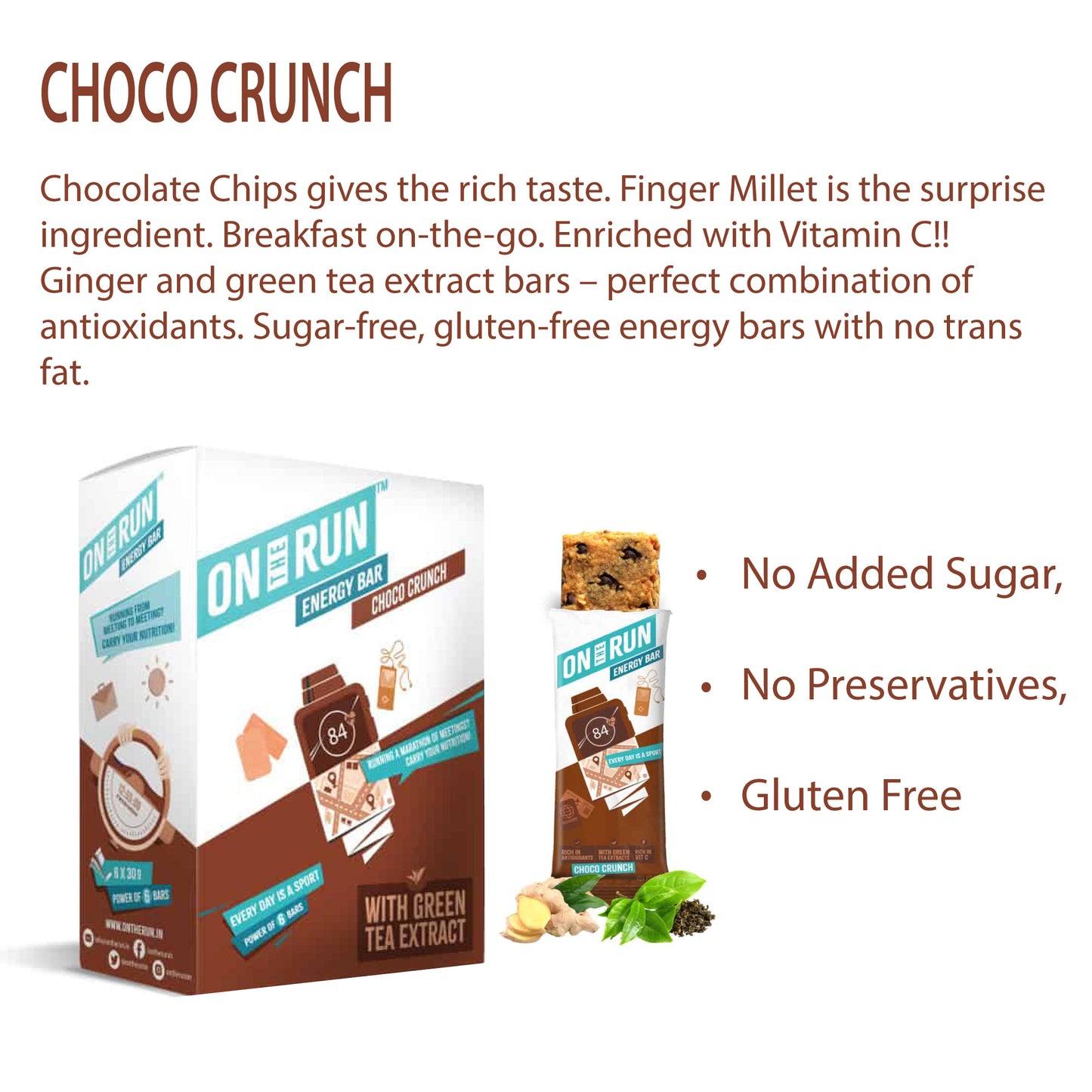 ON THE RUN Choco Crunch Energy Bars ( Pack of 6 X 30g)