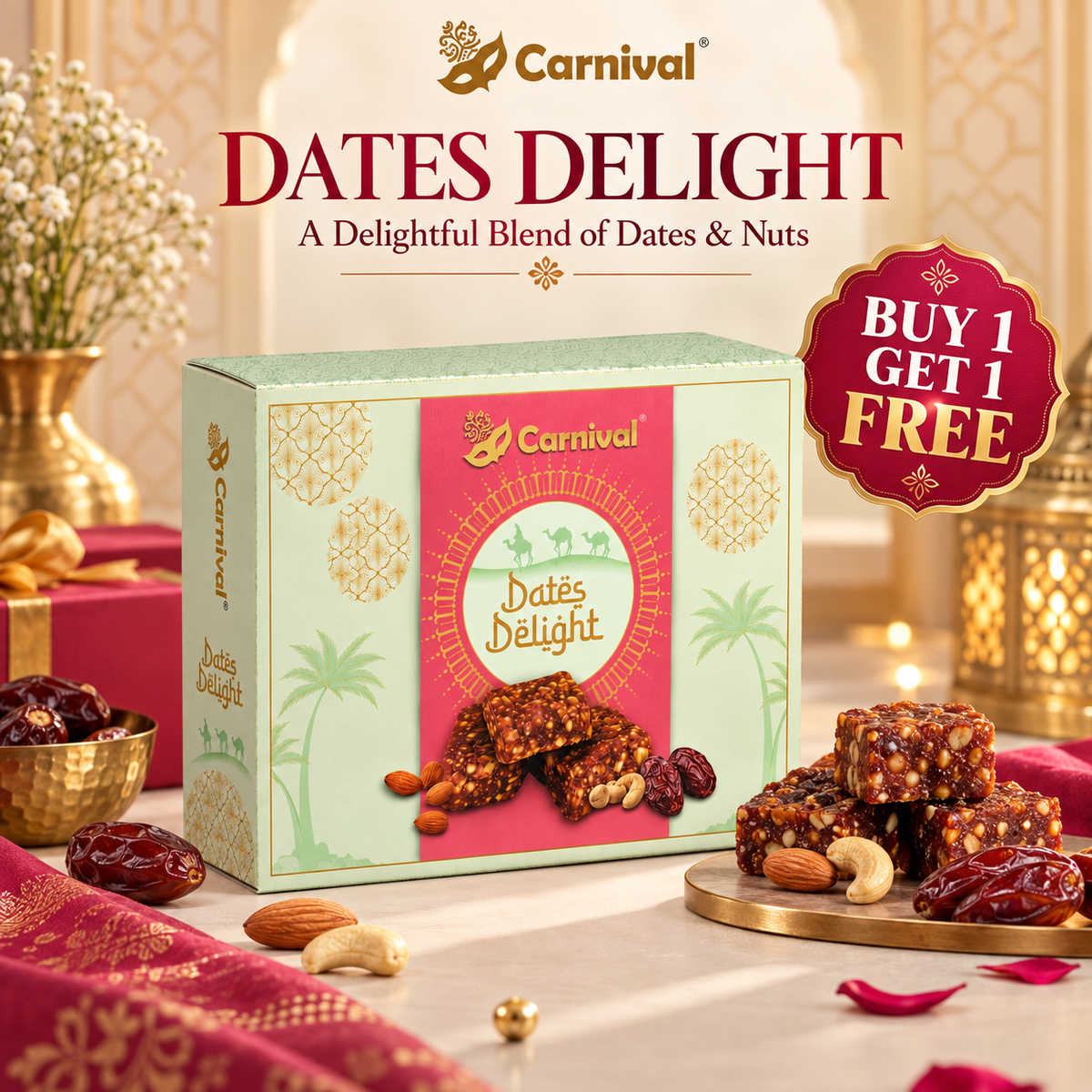 Carnival Dates Delight boxed snack product displayed in a festive indoor setting with dates, nuts, lanterns, and promotional text reading 'Dates Delight' and 'Buy 1 Get 1 Free'.