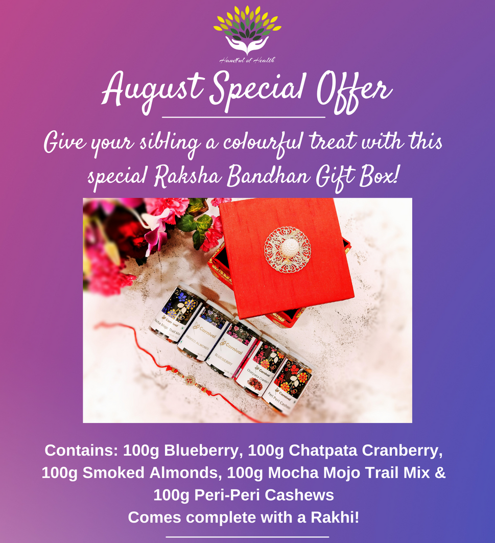 Raksha Bandhan Gift Box with Mocha Mojo Trail Mix, Chatpata Dried Cranberry, Dried Blueberry , Peri Peri Cashew, Smoked Almond with a Rakhi