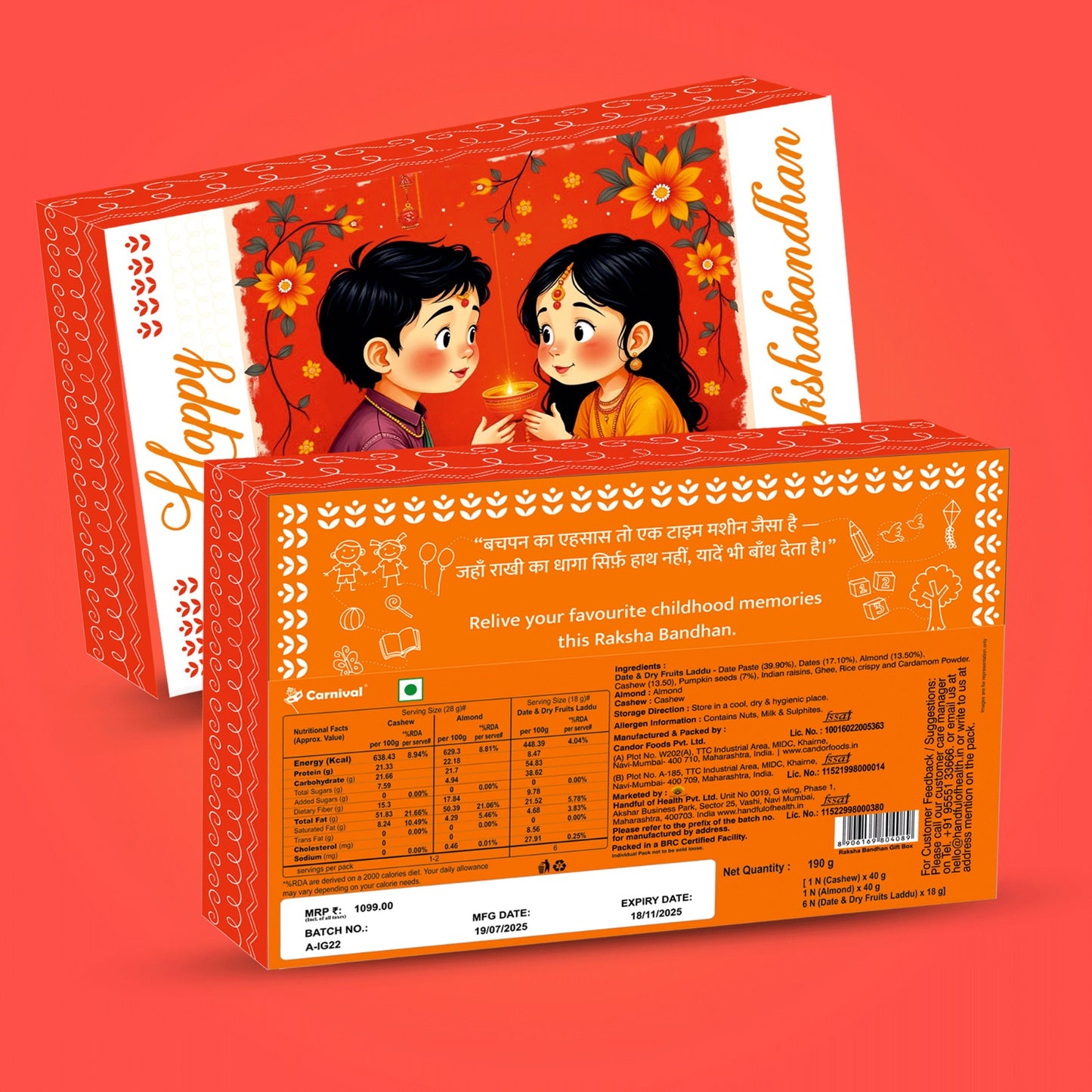 Carnival Raksha Bandhan Gift Box – Kundan Rakhi, Cashew, Almond & Healthy Laddus (190g)