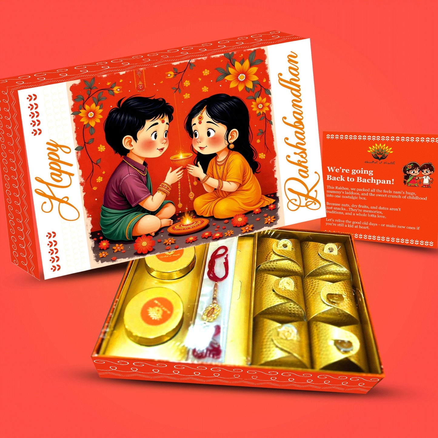 Carnival Raksha Bandhan Gift Box – Kundan Rakhi, Cashew, Almond & Healthy Laddus (190g)
