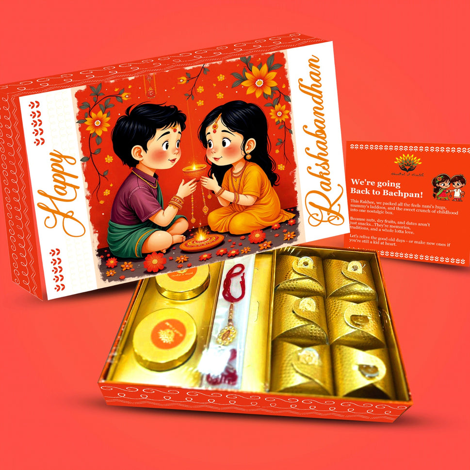 Carnival Raksha Bandhan Gift Box – Kundan Rakhi, Cashew, Almond & Healthy Laddus (190g)