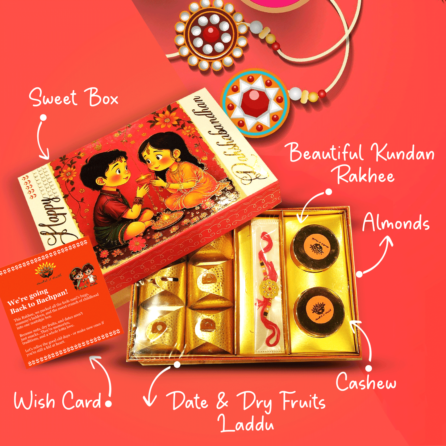Carnival Raksha Bandhan Gift Box – Kundan Rakhi, Cashew, Almond & Healthy Laddus (190g)