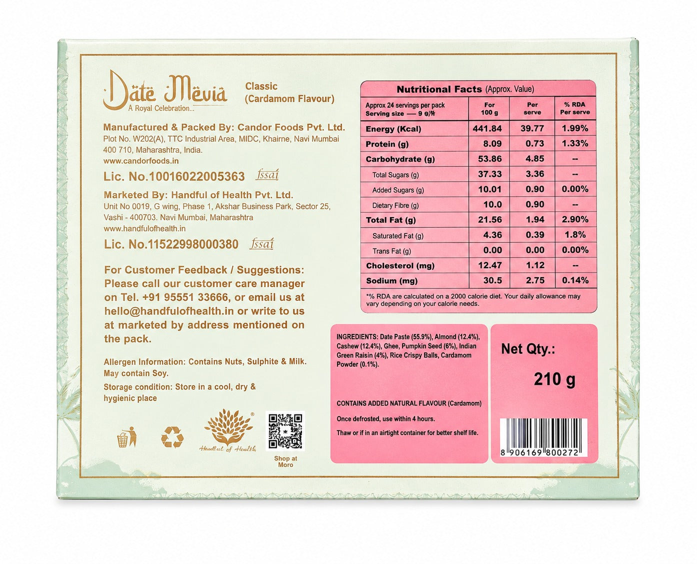 Carnival Date Delight | 210g | Date Barfi  | Date Bites with Cashew , Almonds , Pista and Seeds with Richness Of Ghee | Tasty Indian Sweets