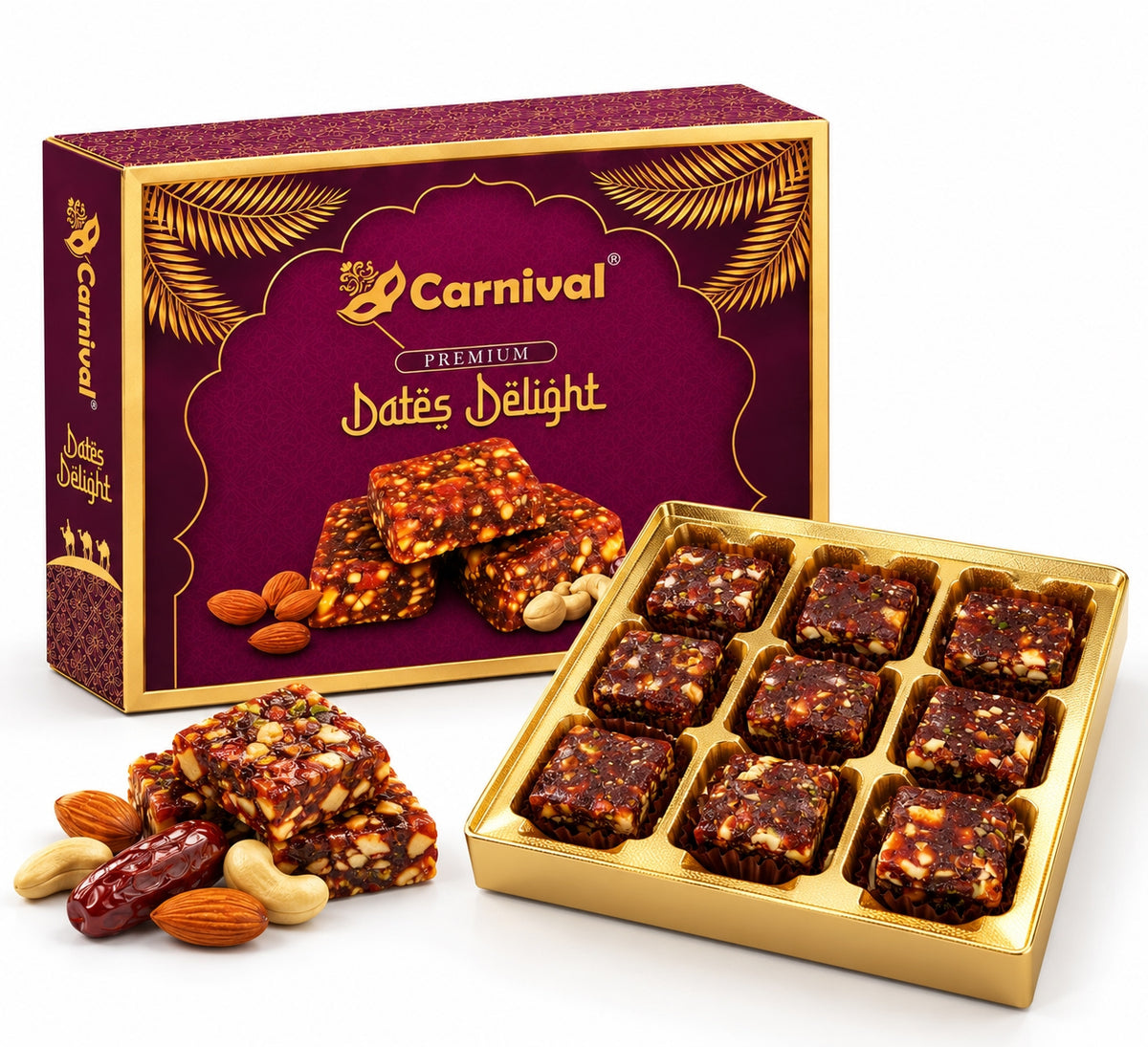 Open Carnival Dates Delight gift box with date bites made with almonds, cashews and ghee