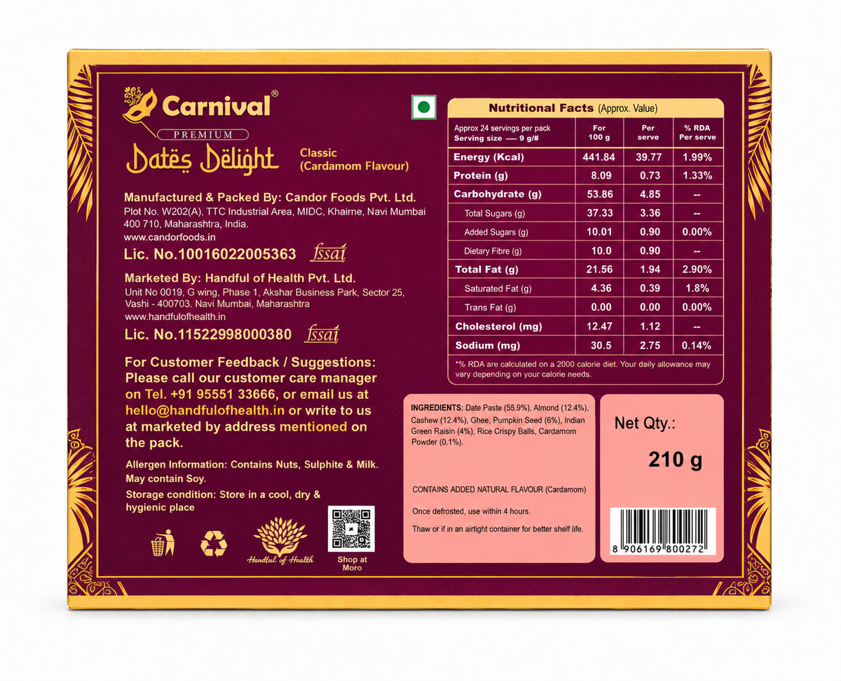 Carnival Dates Delight back of pack with ingredients, nutrition facts and allergen information