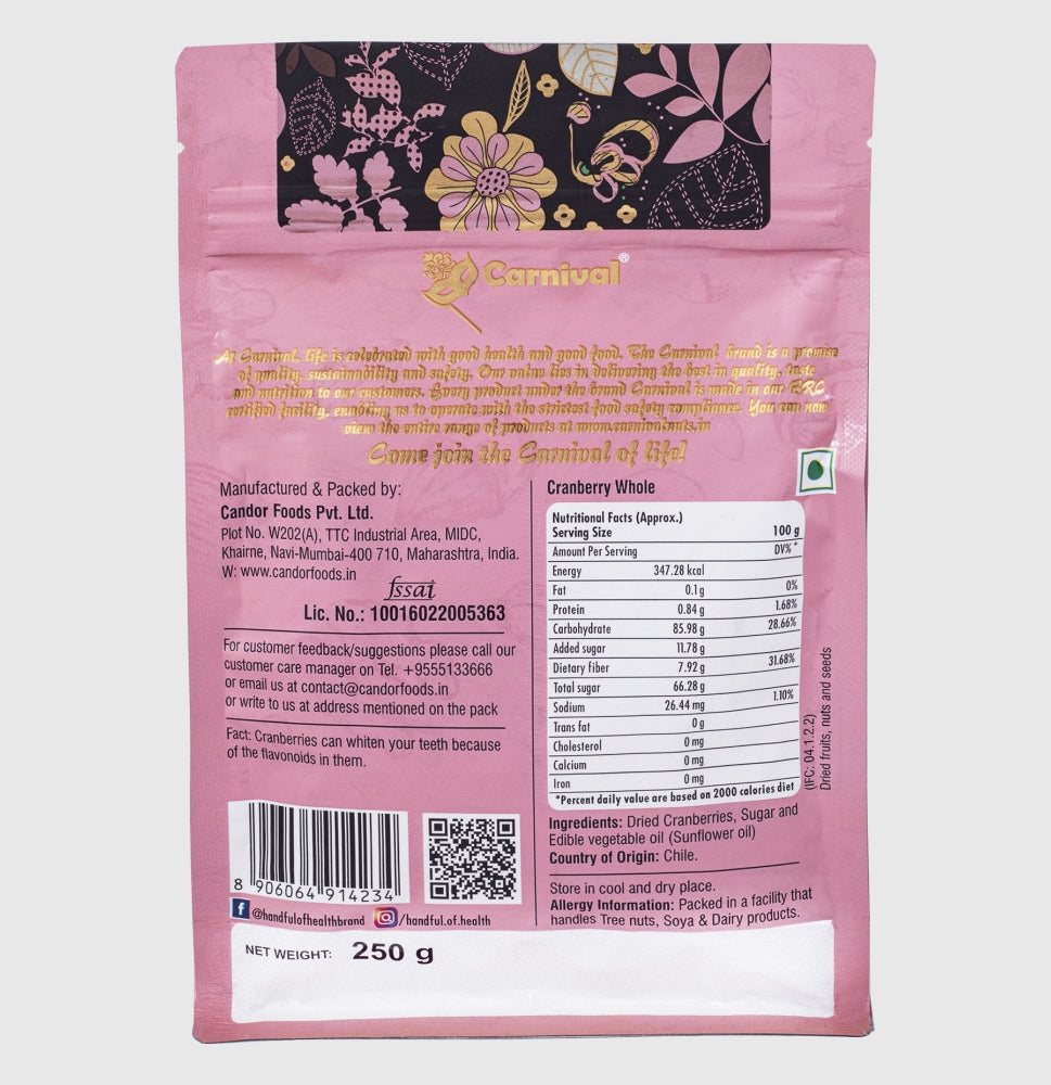 Carnival Dried Cranberry Whole Pouch 250g